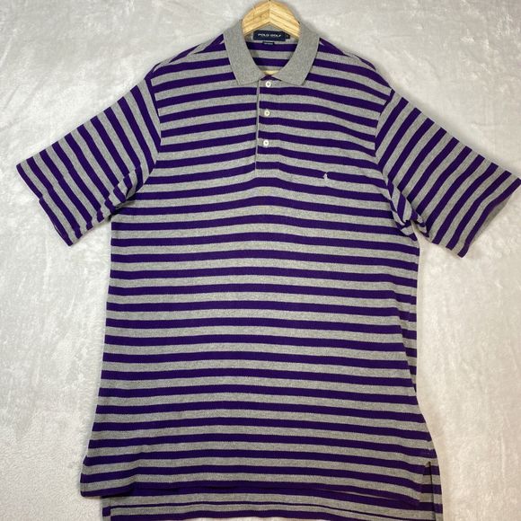Polo Golf Ralph Lauren Shirt Mens‎ LG Purple Vintage Lisle Striped Casual Golfer - Picture 1 of 9